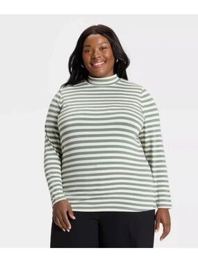 Ava & Viv Striped Turtleneck Long Sleeve Top - Sage & Cream. Sz 3X.